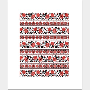 Print with Red Rose and Mallow Inspired by Ukrainian Traditional Embroidery Posters and Art